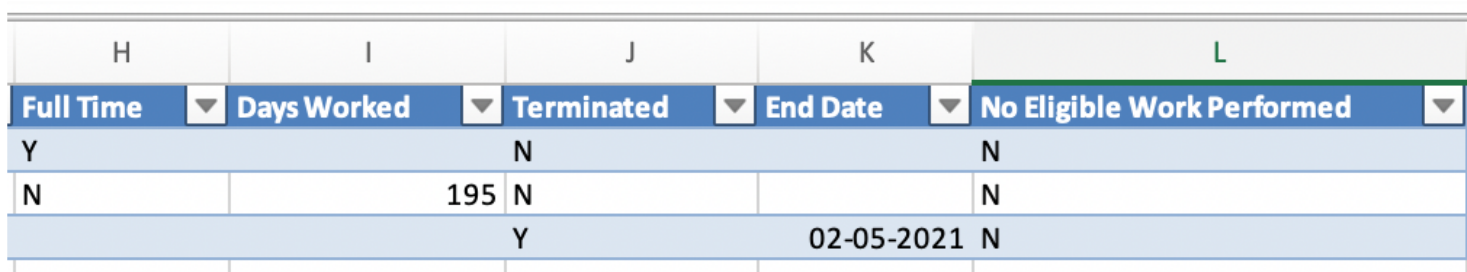 Spreadsheet columns H-L