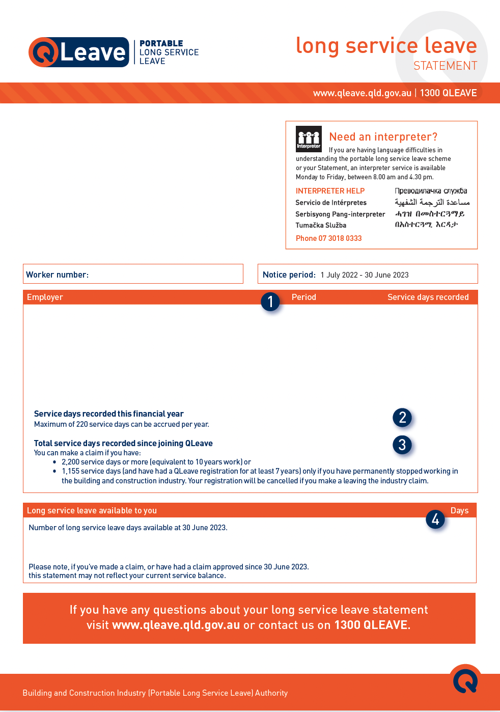 Image of 2022-23 long service leave statement, including numbers corresponding with guidance provided on this page