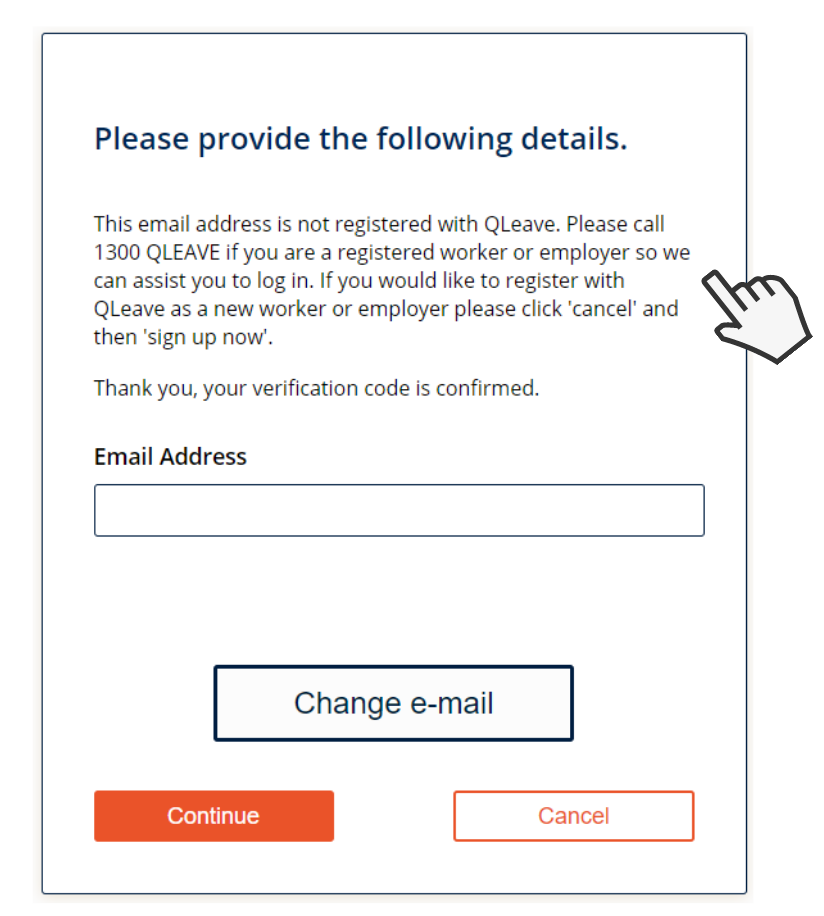 Password reset error- email address not registered with QLeave