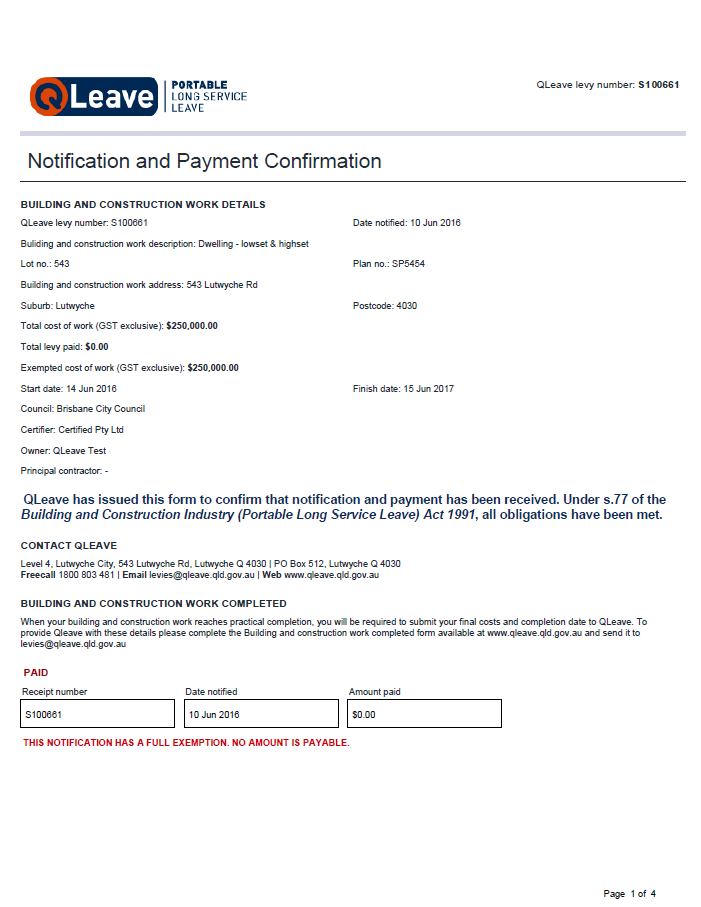 Online notification and payment confirmation form - full exemption