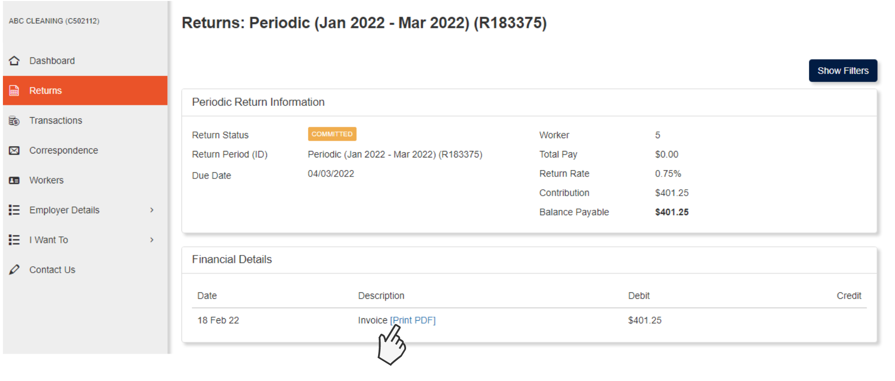 Screenshot showing how to Print PDF to download invoice from returns tab in portal