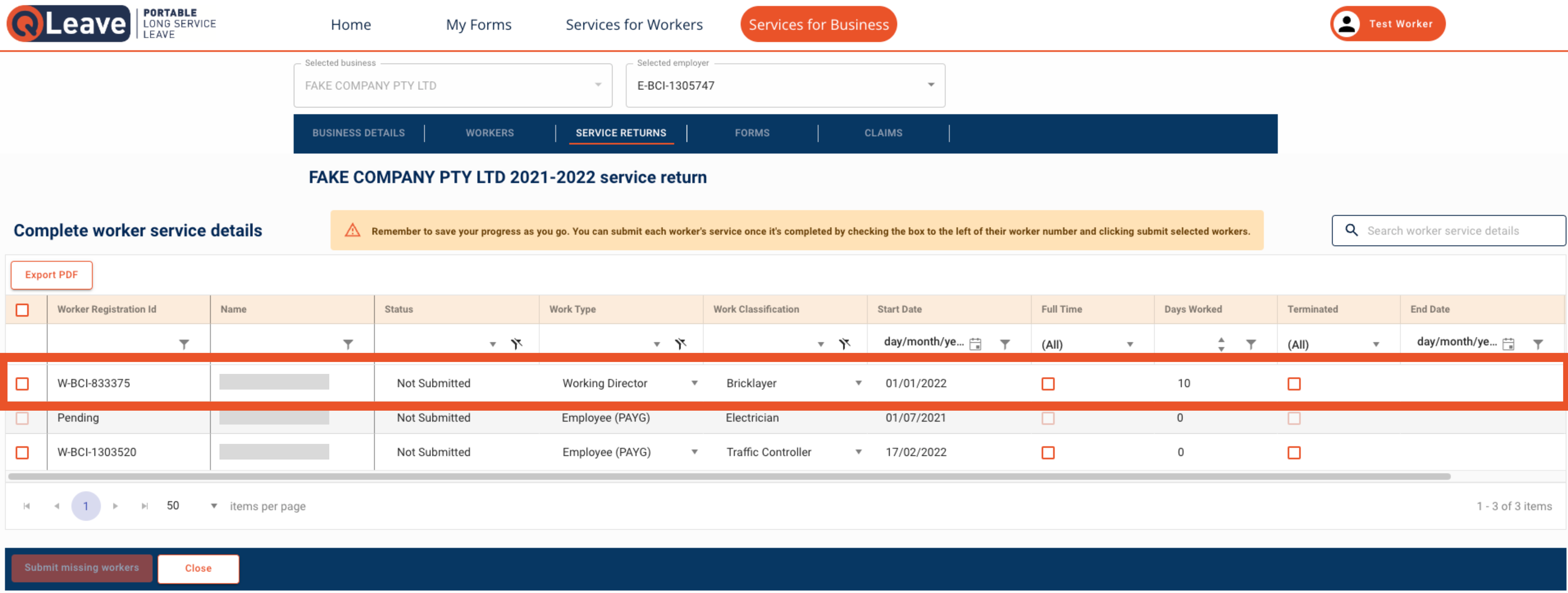 Open return showing the list of workers