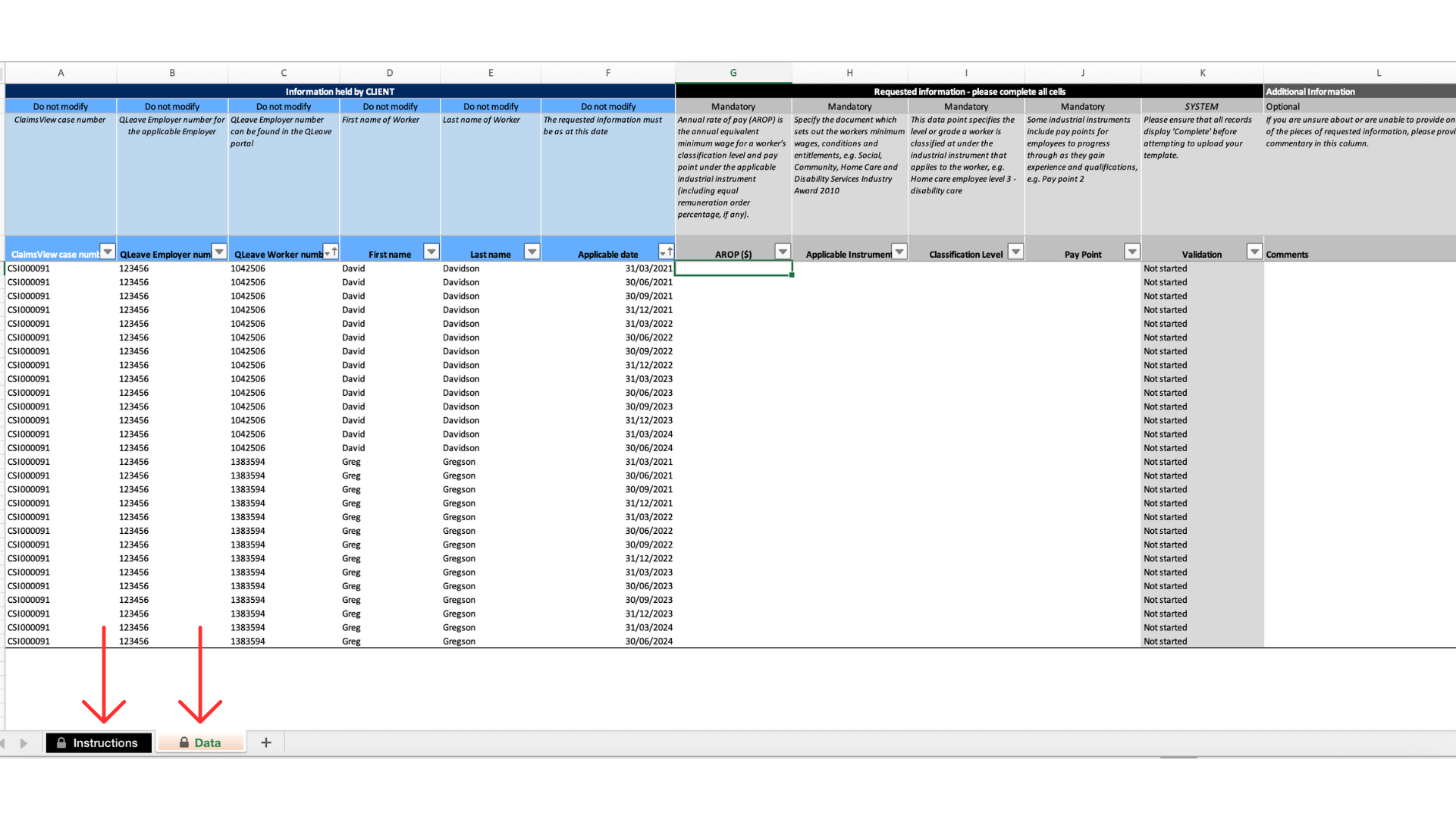 Enter annual rate of pay information in the data template 