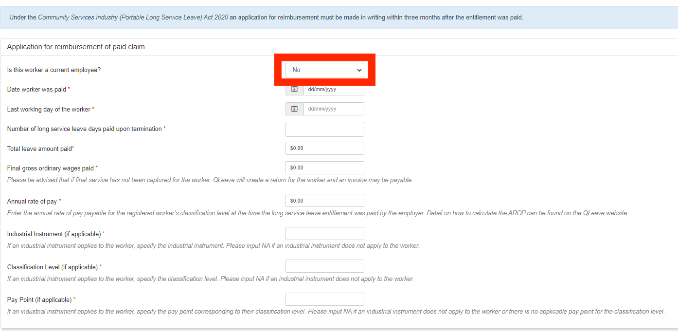 Screenshot showing employer reimbursement form when the worker has ceased working for the company